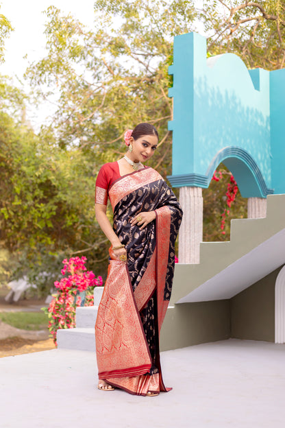 Oil Black Satin Banarasi Silk Saree By WTW