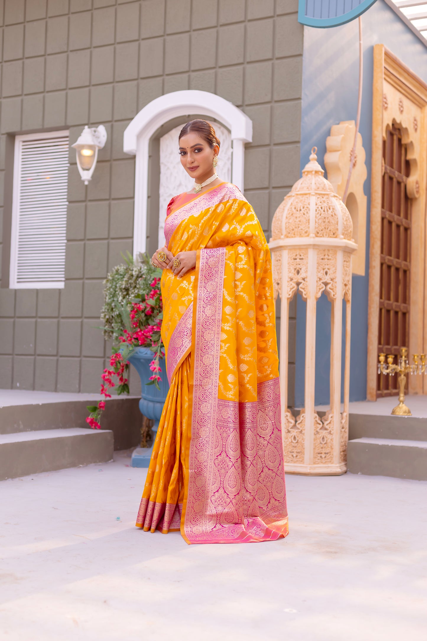 Wonderful Orangish Yellow Banarasi Silk Wedding Wear Sarees By WTW