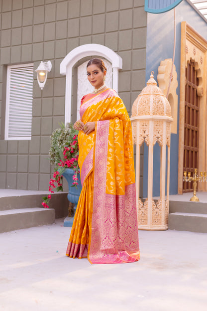 Wonderful Orangish Yellow Banarasi Silk Wedding Wear Sarees By WTW