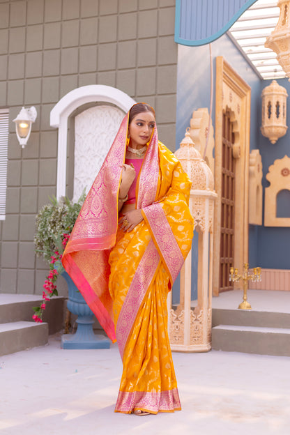 Wonderful Orangish Yellow Banarasi Silk Wedding Wear Sarees By WTW