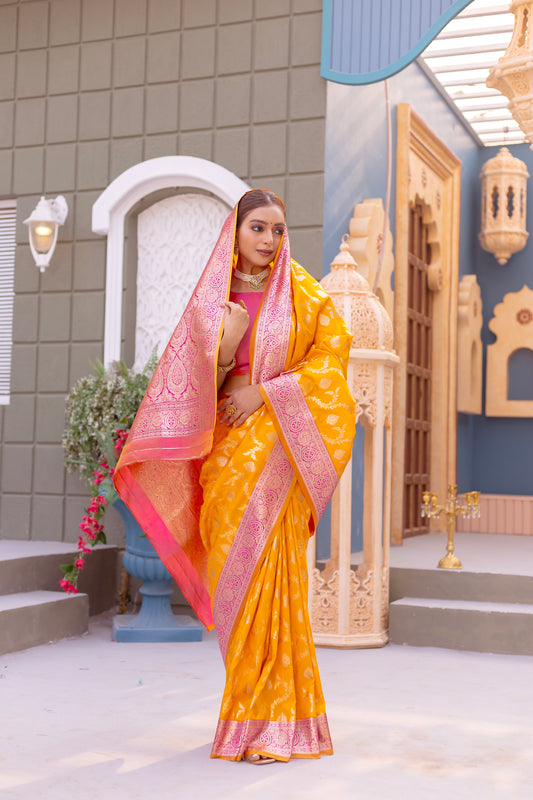 Wonderful Orangish Yellow Banarasi Silk Wedding Wear Sarees By WTW