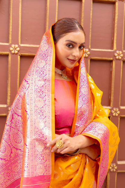 Wonderful Orangish Yellow Banarasi Silk Wedding Wear Sarees By WTW