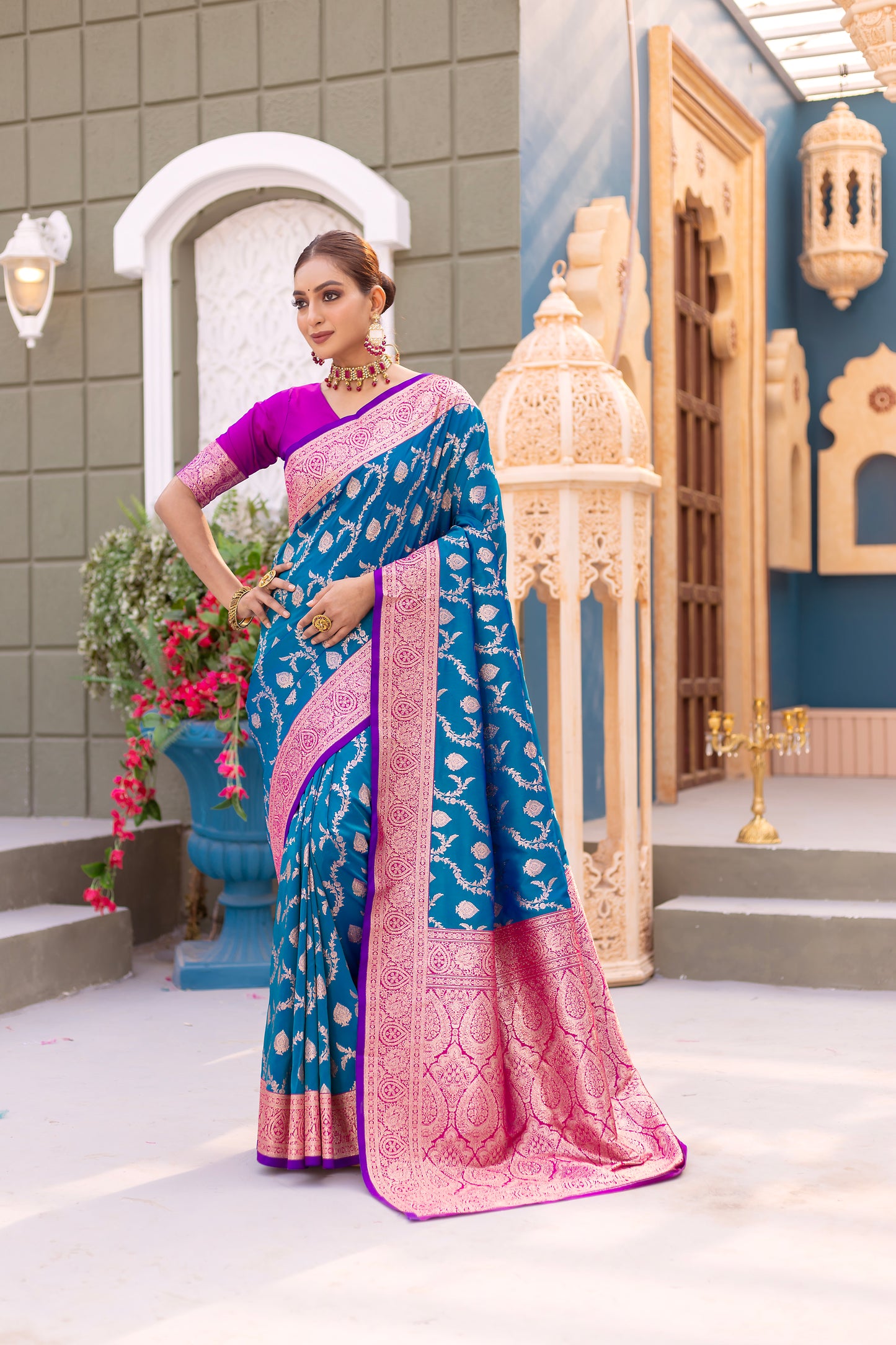 Exquisite Firozi Color Banarasi Silk Saree By WTW