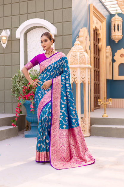 Exquisite Firozi Color Banarasi Silk Saree By WTW