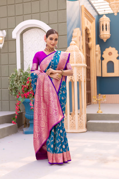 Exquisite Firozi Color Banarasi Silk Saree By WTW