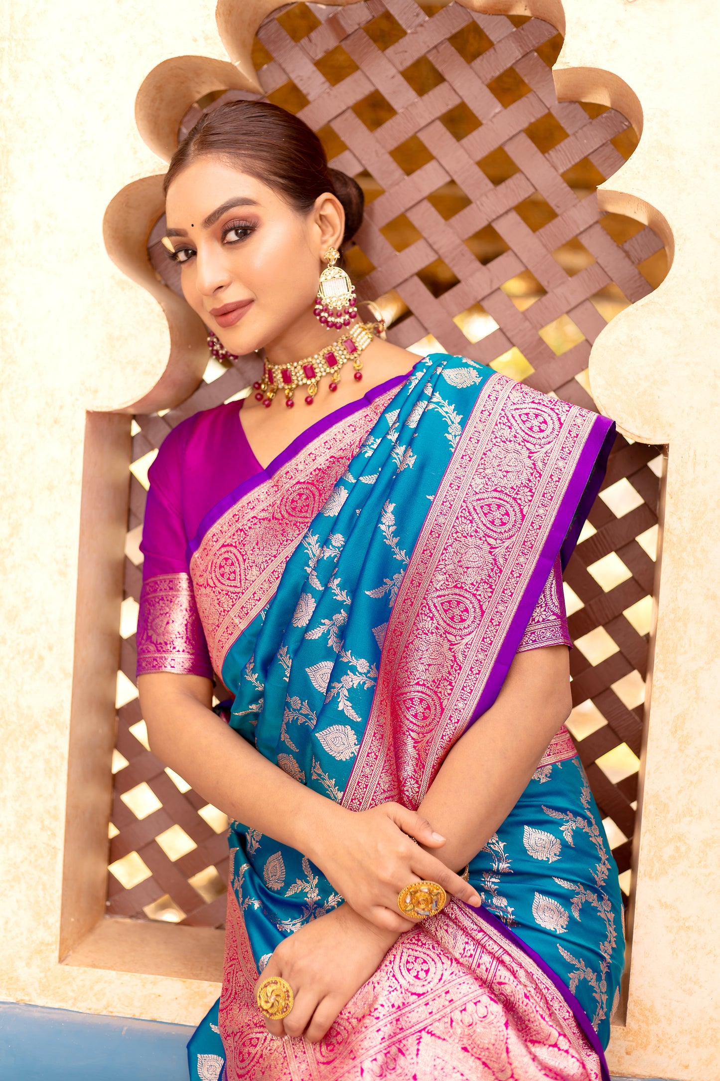 Exquisite Firozi Color Banarasi Silk Saree By WTW