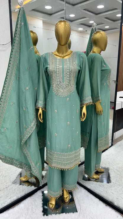 Superb Blue Color Chinnon Silk Embroidery Salwar Suit By WTW