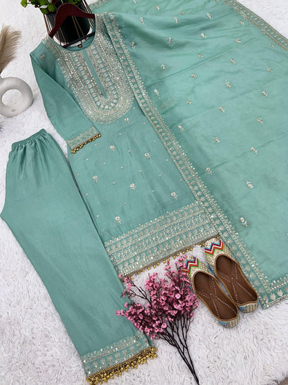 Superb Blue Color Chinnon Silk Embroidery Salwar Suit By WTW