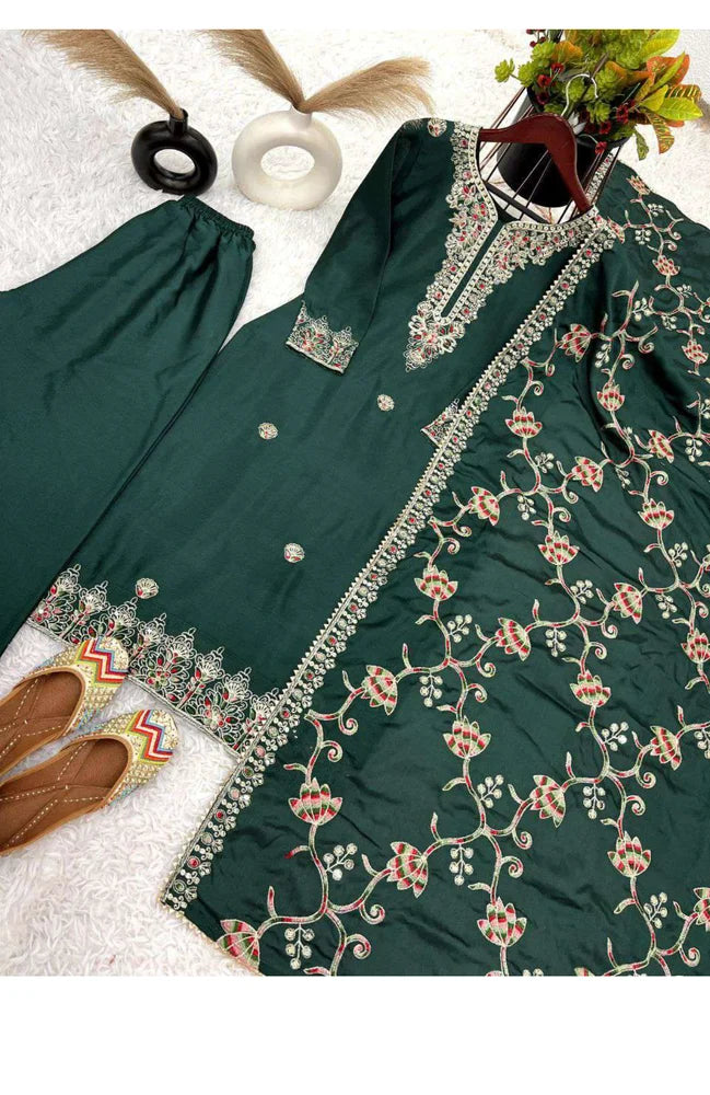 Dark Green Chinon Silk Multi Thread Work Salwar Suit By WTW