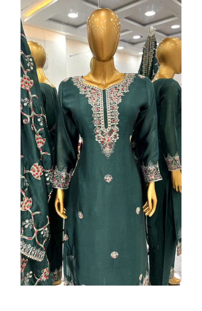 Dark Green Chinon Silk Multi Thread Work Salwar Suit By WTW