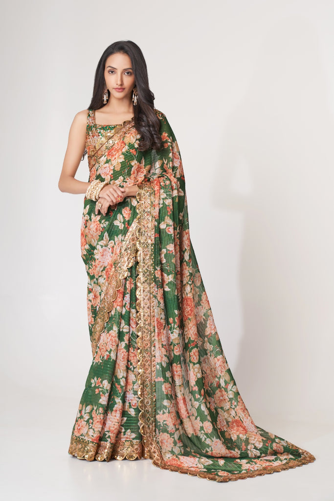 Green Organza Saree with Sequin Embroidery and Digital Print By WTW