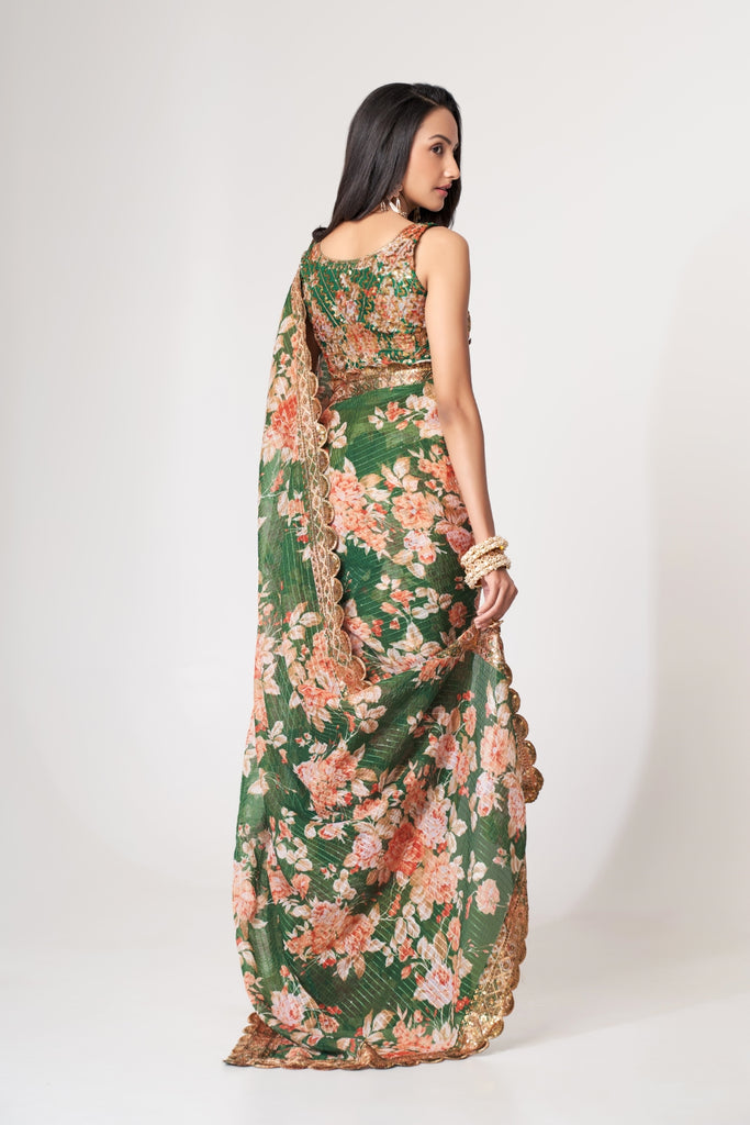 Green Organza Saree with Sequin Embroidery and Digital Print By WTW