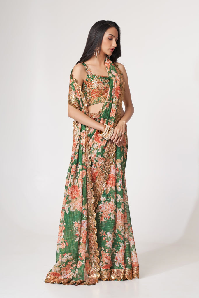 Green Organza Saree with Sequin Embroidery and Digital Print By WTW