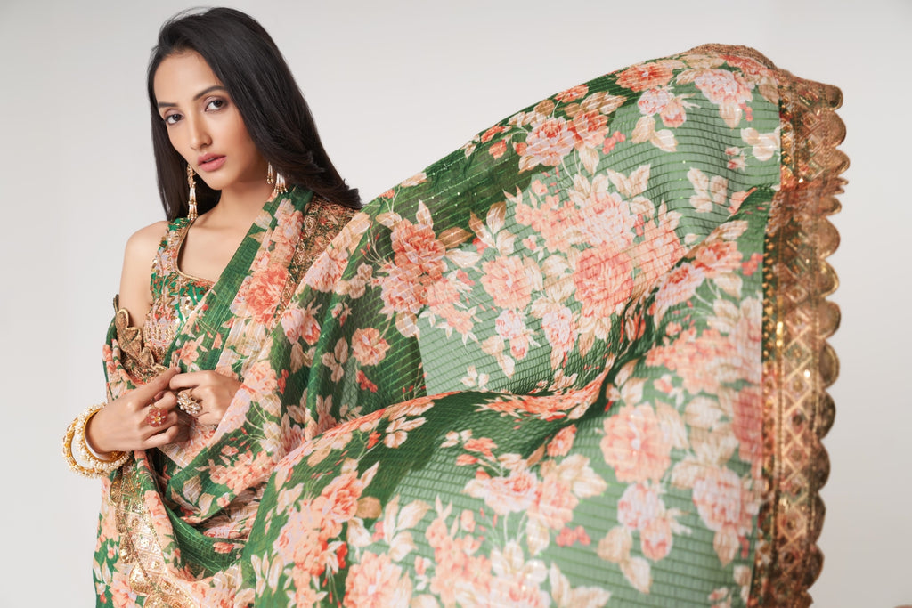 Green Organza Saree with Sequin Embroidery and Digital Print By WTW