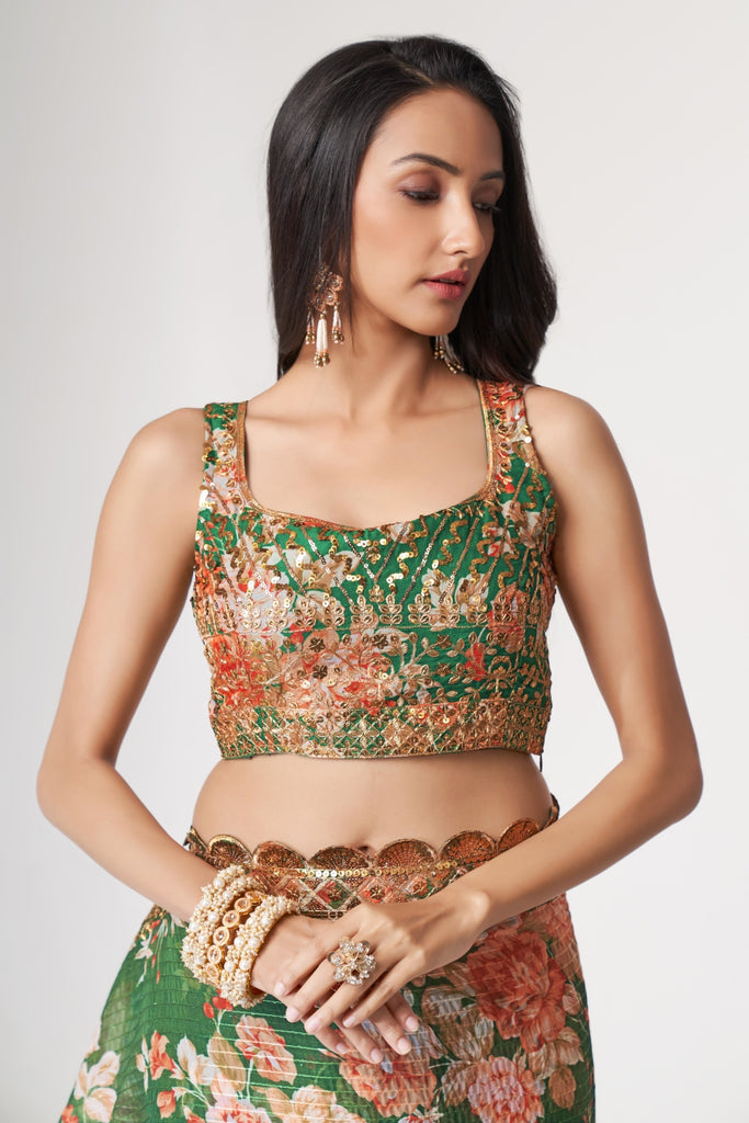 Green Organza Saree with Sequin Embroidery and Digital Print By WTW