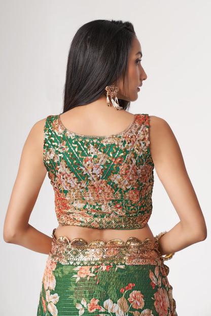 Green Organza Saree with Sequin Embroidery and Digital Print By WTW