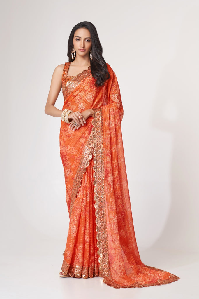 Orange Organza Saree with Sequin Embroidery and Digital Print By WTW