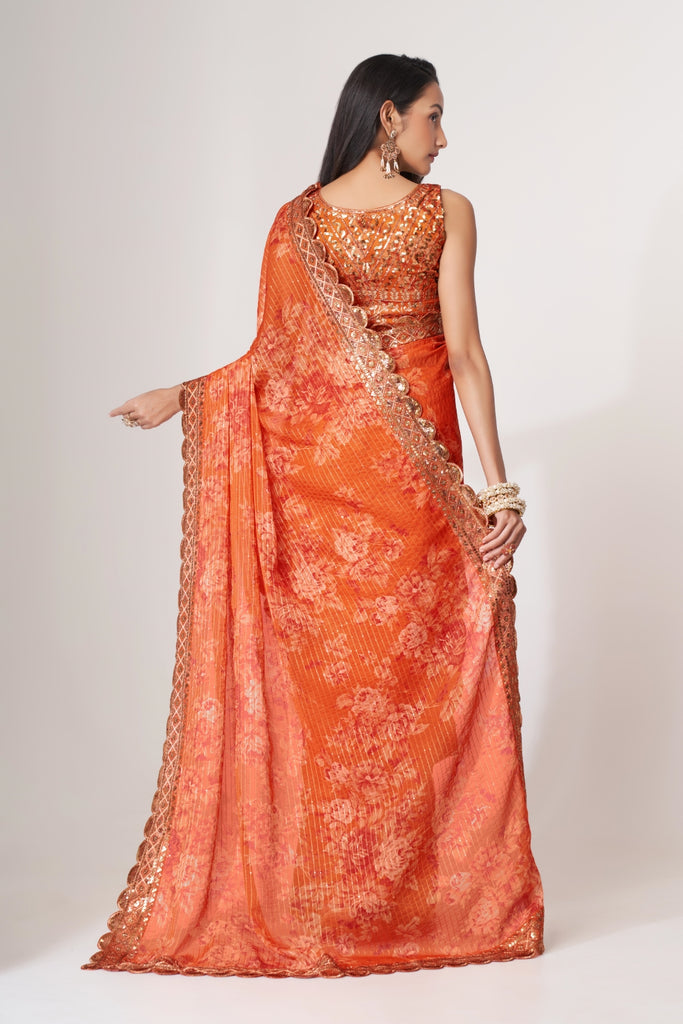 Orange Organza Saree with Sequin Embroidery and Digital Print By WTW