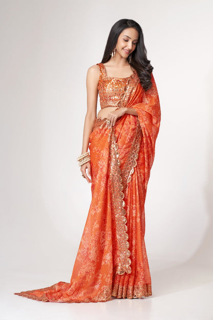 Orange Organza Saree with Sequin Embroidery and Digital Print By WTW