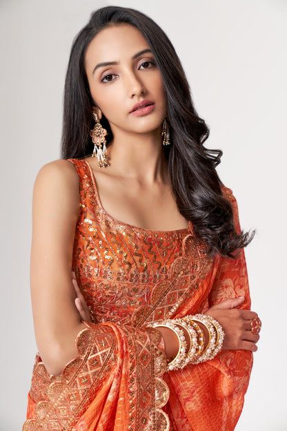 Orange Organza Saree with Sequin Embroidery and Digital Print By WTW