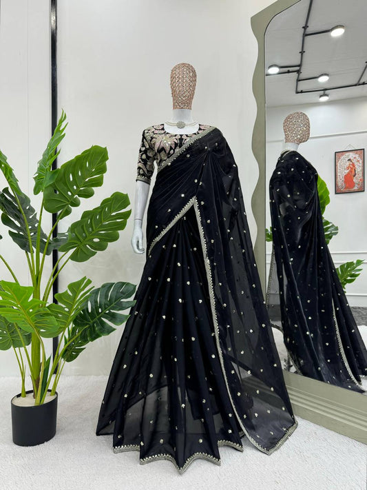 Black Shimmery Organza Designer Saree By WTW