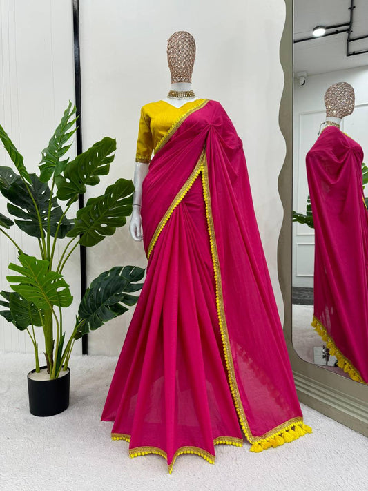 Festival Special Mul Cotton Saree with Fancy Lace and Heavy Latkan on Pallu By WTW