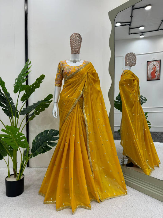 Bridal Yellow Colour Shimmery Tissue Designer Saree By WTW