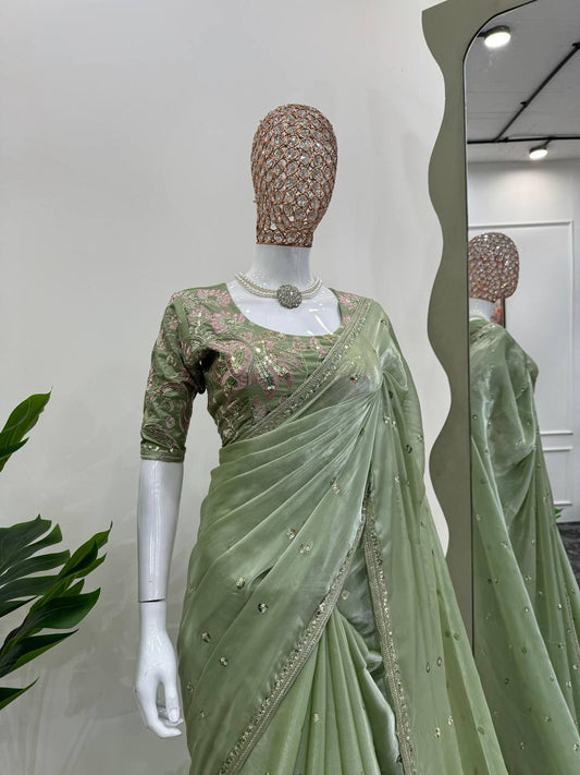 Olive Green Jimmy Choo Thread Work Saree By WTW