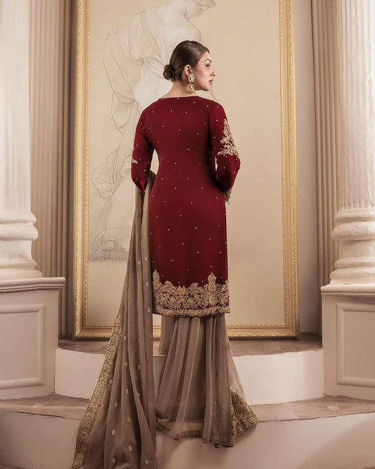 Maroon Faux Georgette Sequence Embroidery Work Sharara Suit By WTW