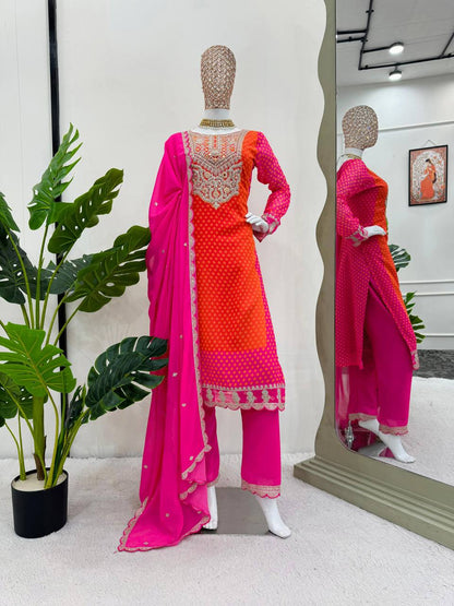 Pink Orange Chinon Silk Sequence & Real Mirror Work Straight Suit Set By WTW