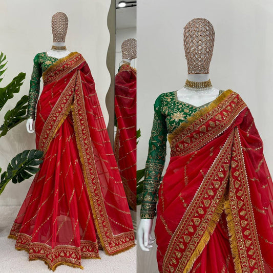 Red Saree Organza Silk Fabric By WTW