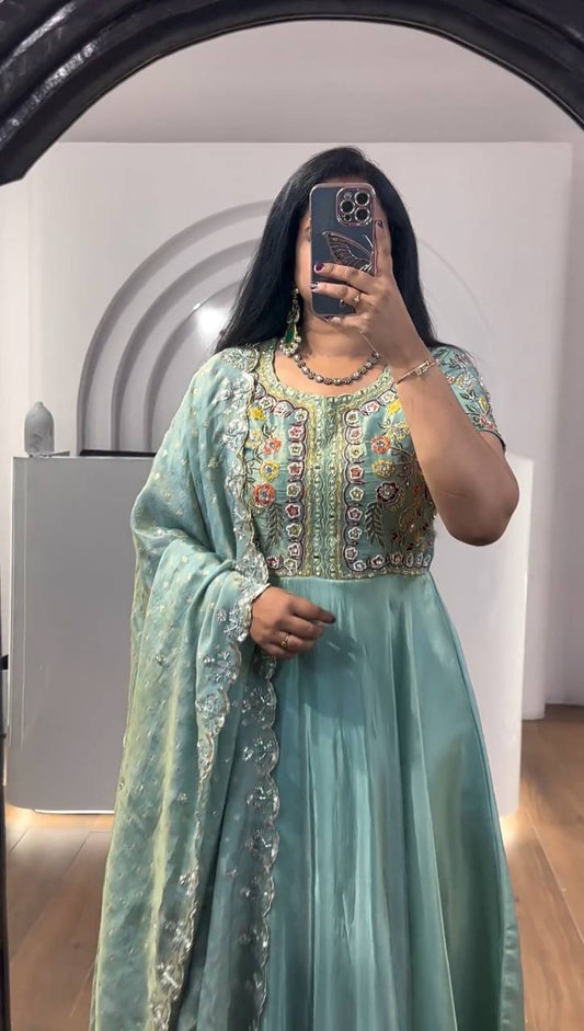 Sky Color Gown In Soft Twill Gold Fabric With Embroidery Work And Dupatta By WTW