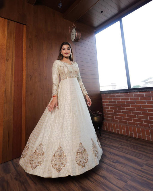 White Colour Embroidered With Jacard Viving Gown By WTW