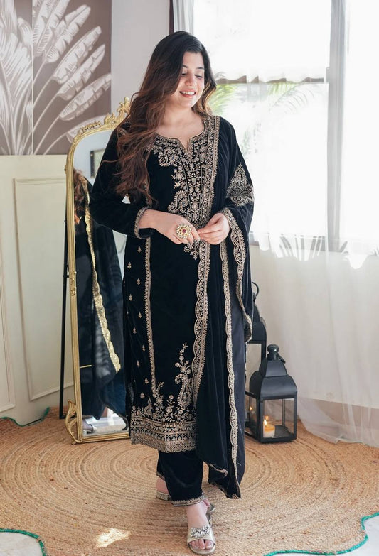 Black Viscose Velvet Sequence Embroidery Work Salwar Suit By WTW