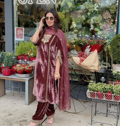 Luxurious Maroon Heavy Pure Viscose Velvet Embroidered Suit By WTW