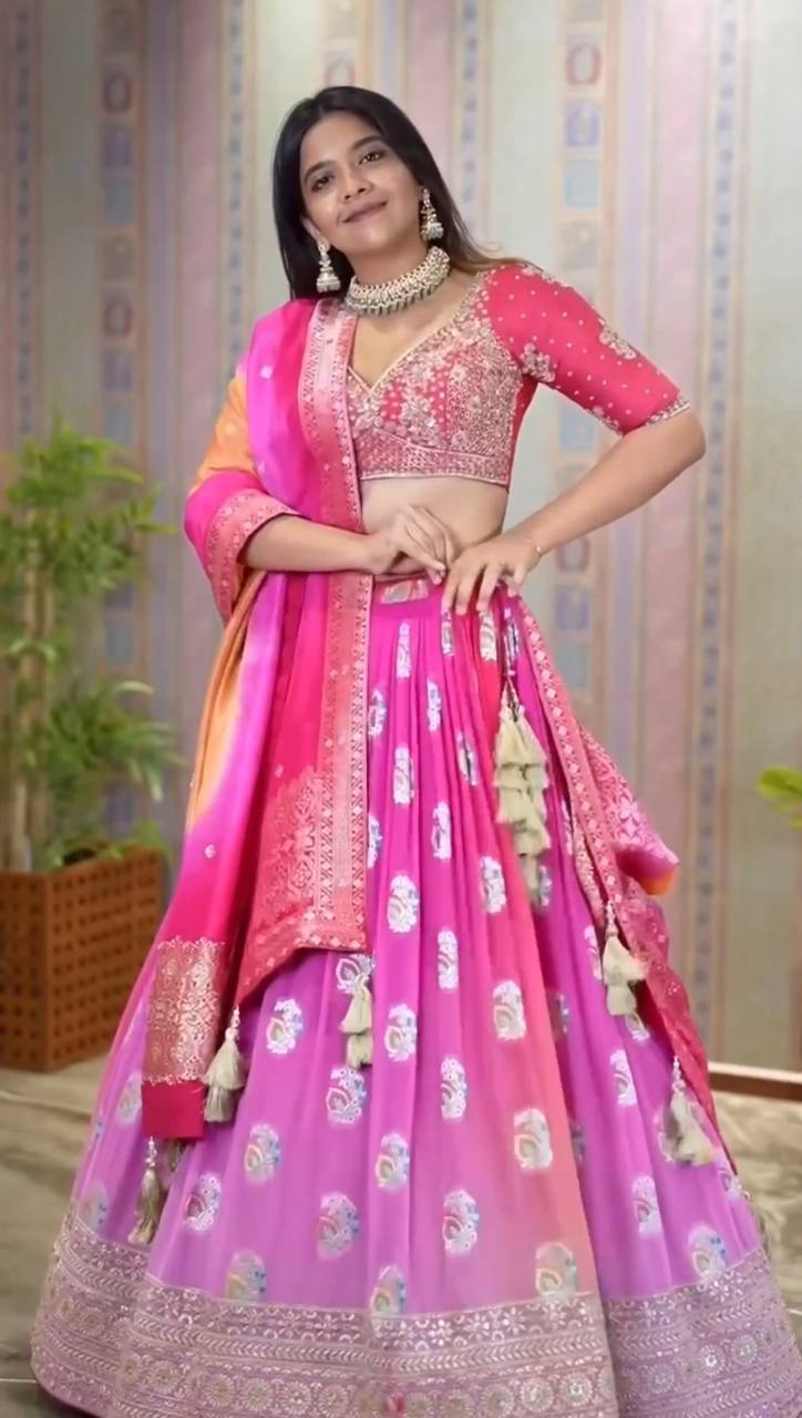 Wedding Special Pink Chinnon Silk Lehenga Choli With Embroidery Work By WTW