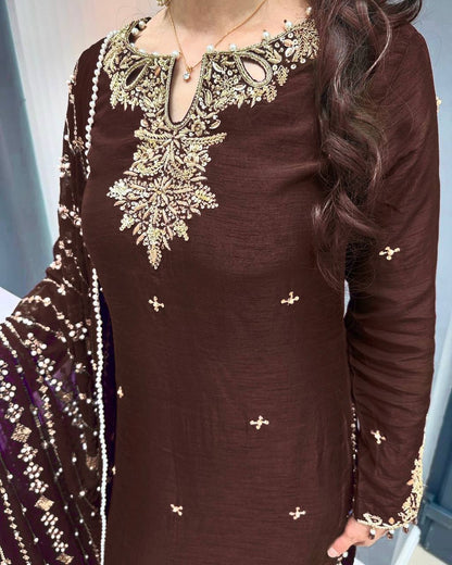 Brown Chinon Silk Pearl Work Salwar Suit By WTW