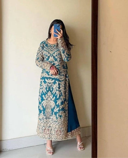 Blue Heavy Embroidered Long Kurta With Palazzo And Laces Dupatta By WTW