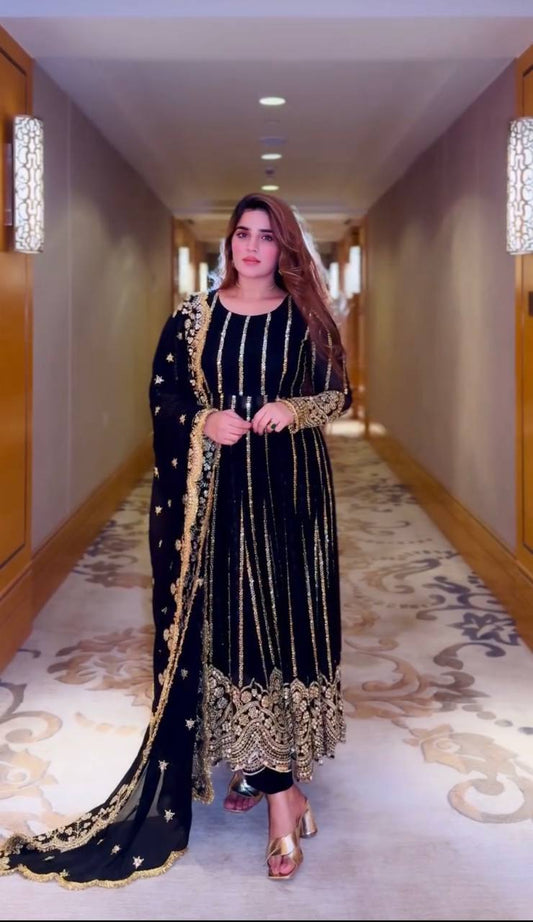 Embroidery Work Golden Black Long Gown For Diwali By WTW