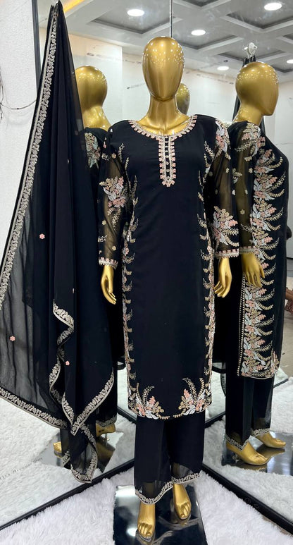 Elegant Georgette Diamond Work Black Kurti Set By WTW