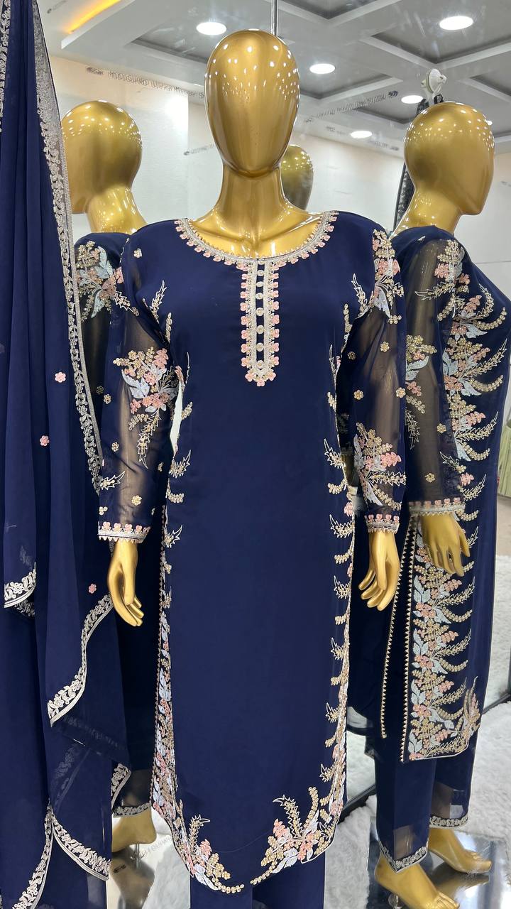 Elegant Georgette Diamond Work Navy Blue Kurti Set By WTW