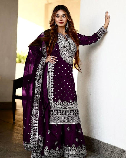 Pretty Purple Color Georgette Embroidery Sequence Salwar Suit By WTW