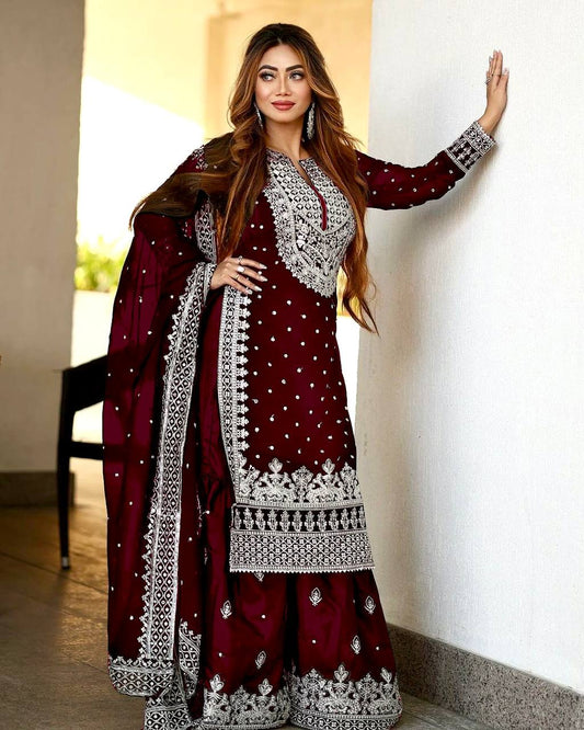 Pretty Wine Color Georgette Embroidery Sequence Salwar Suit By WTW