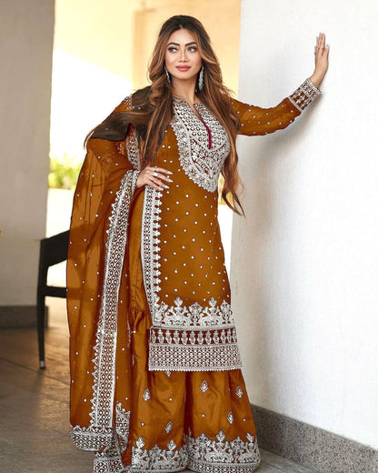 Pretty Rust Orange Georgette Embroidery Sequence Salwar Suit By WTW