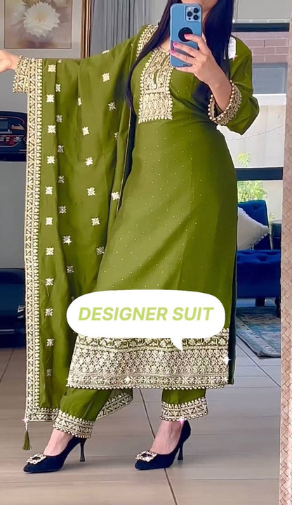 Superb Green Color Chinnon Silk Embroidery Sequins Sharara Suit By WTW