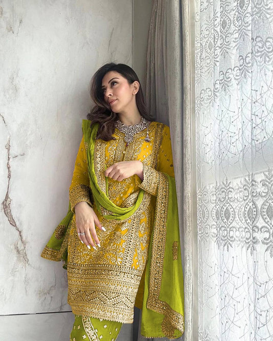 Hansika Motwani Yellow Color Georgette Embroidery Salwar Suit By WTW