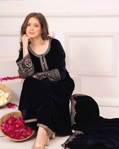 Black Color Salwar Suit In Velvet With Sequence Embroidery Work And Dupatta By WTW