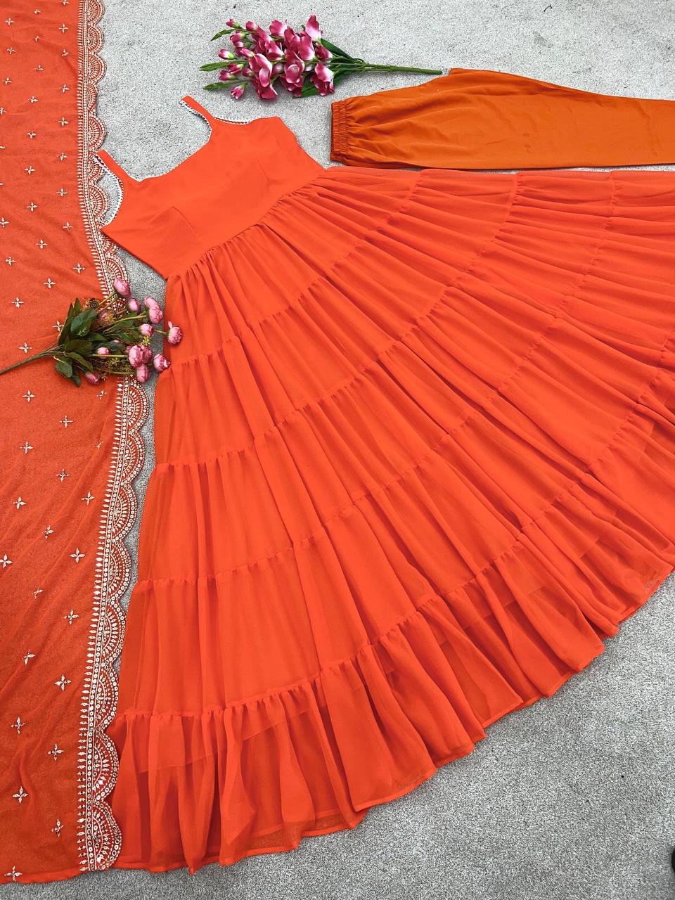 Pretty Orange Color Chinon Embroidery Sequence Anarkali Suit By WTW