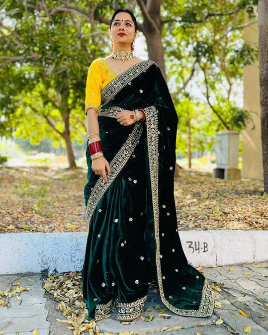 Pure Velvet Sequins Coding Embroidery Saree By WTW