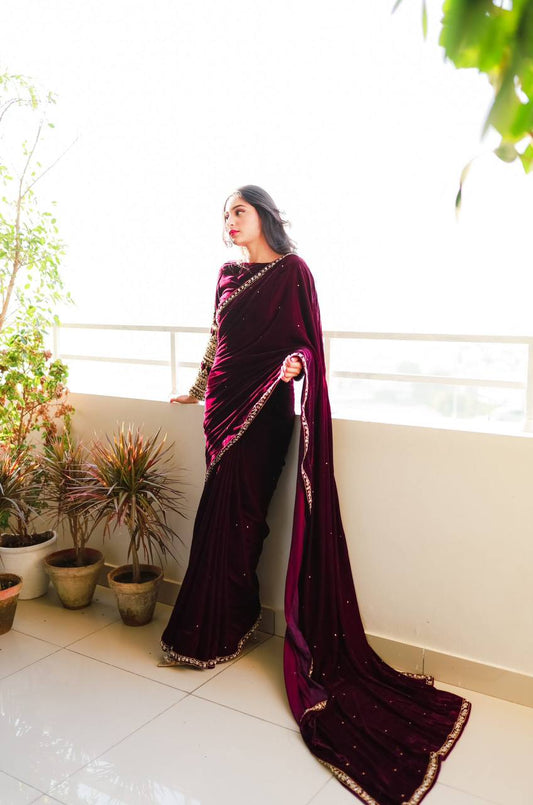 Presenting New Designer Heavy Pure Velvet Party Wear Saree By WTW